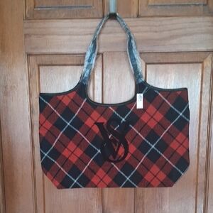 Victoria's Secret Plaid Tote Bag with Monogram Accent - Red & Black